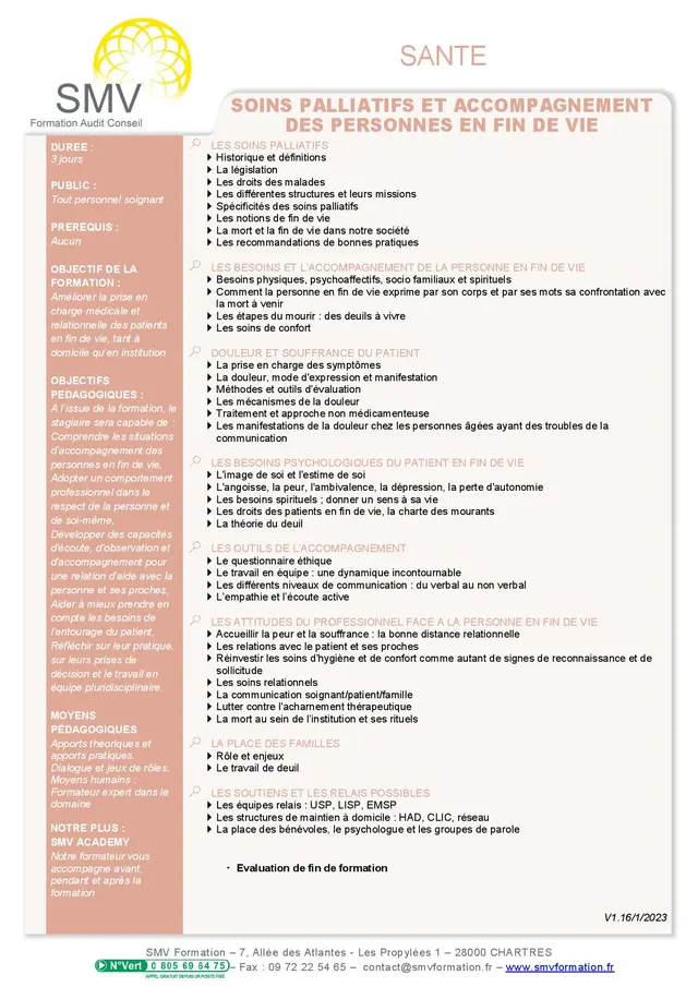 Fiche programme de la formation Soins Palliatifs et Accompagnement des Personnes en Fin de Vie : durée, public, prérequis, objectifs pédagogiques et contenu