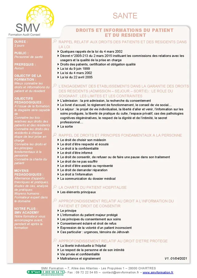 Fiche programme de la formation Droits et Informations du Patient et du Résident : durée, public, prérequis, objectifs pédagogiques et contenu