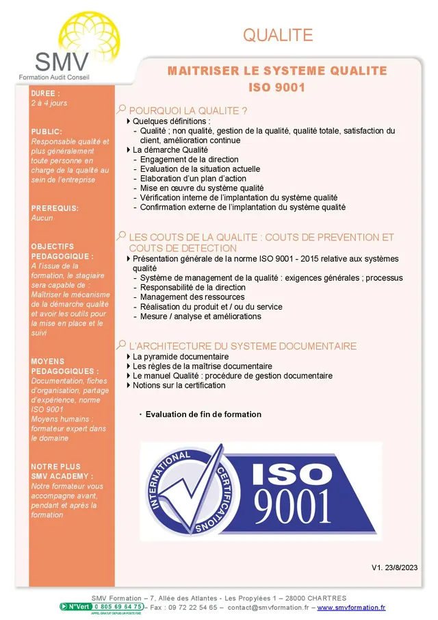 Fiche programme de la formation Maîtriser le Système Qualité ISO 9001 : durée, public, prérequis, objectifs pédagogiques et contenu