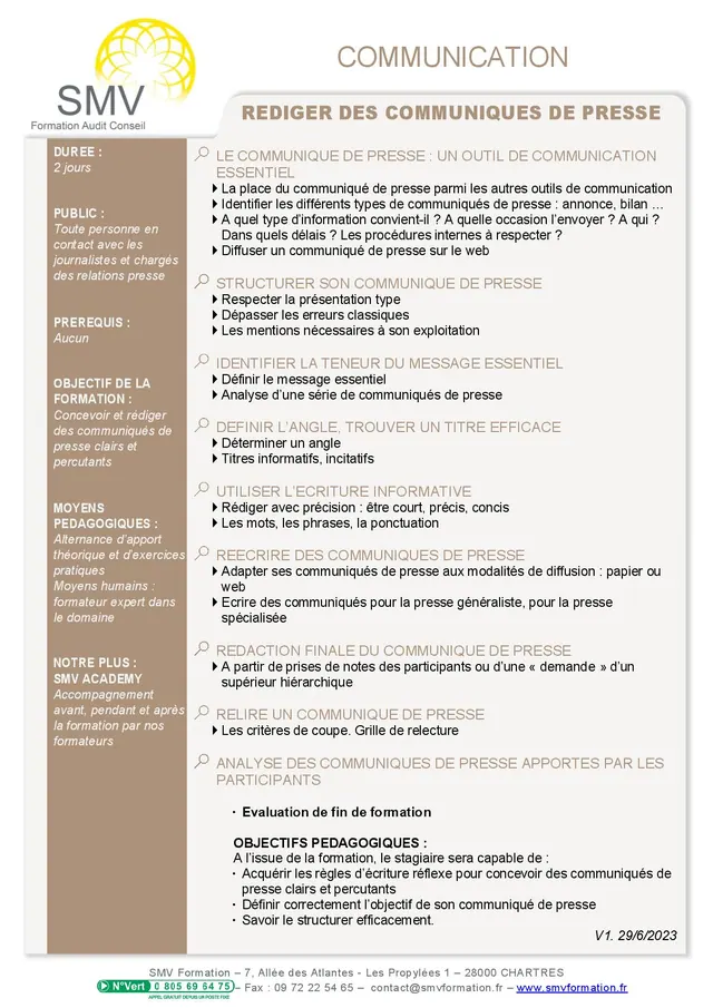 Fiche programme de la formation Rédiger des communiqués de Presse : durée, public, prérequis, objectifs pédagogiques et contenu