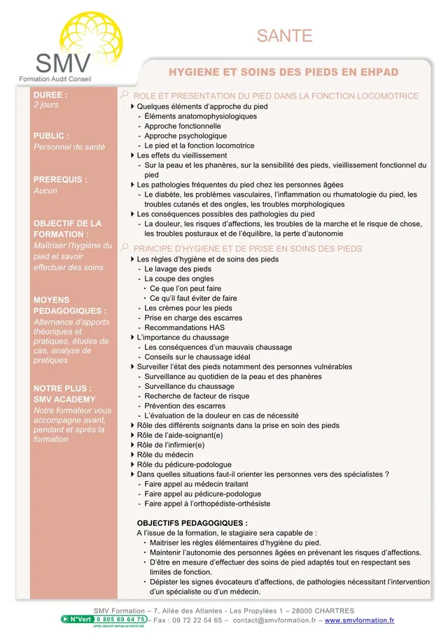 Fiche programme de la formation Hygiène et Soins des Pieds en EHPAD : durée, public, prérequis, objectifs pédagogiques et contenu