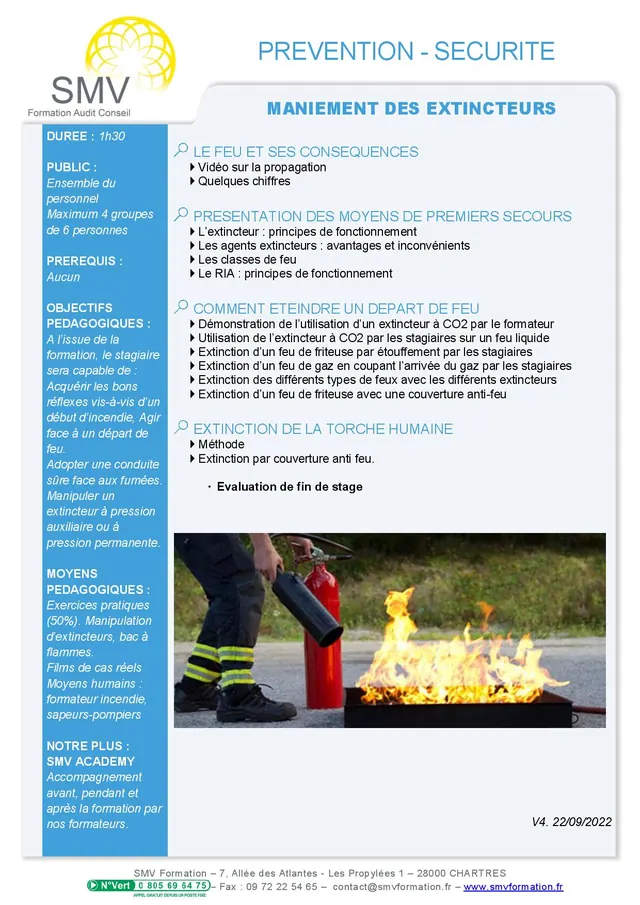 Fiche programme de la formation Maniement des Extincteurs 1h30 : durée, public, prérequis, objectifs pédagogiques et contenu