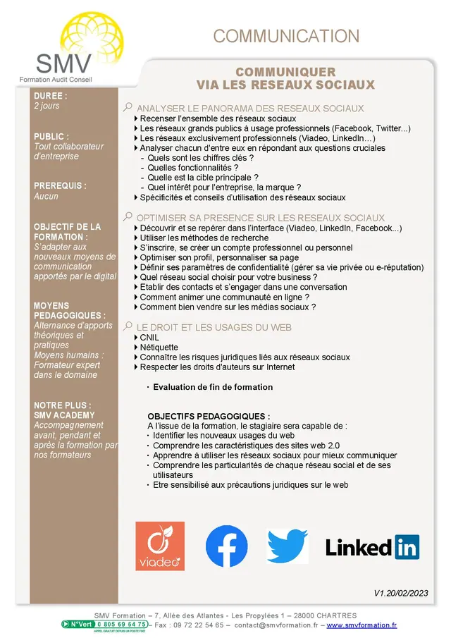 Fiche programme de la formation Communiquer via les réseaux sociaux : durée, public, prérequis, objectifs pédagogiques et contenu