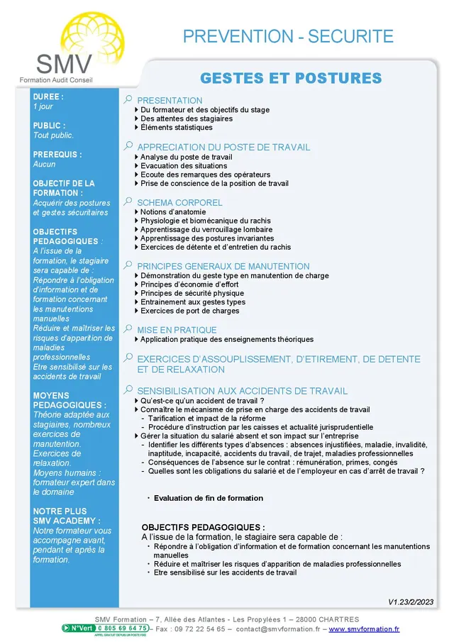 Fiche programme de la formation Gestes et Postures sur Mesure : durée, public, prérequis, objectifs pédagogiques et contenu