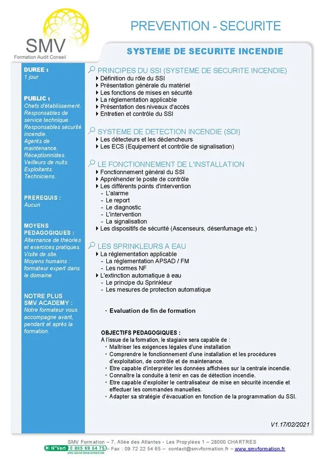 Fiche programme de la formation Systeme de Sécurite Incendie : durée, public, prérequis, objectifs pédagogiques et contenu