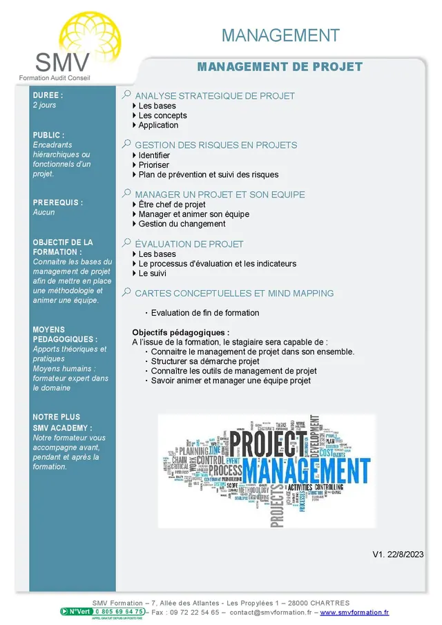 Fiche programme de la formation Management de Projet 2 jours : durée, public, prérequis, objectifs pédagogiques et contenu