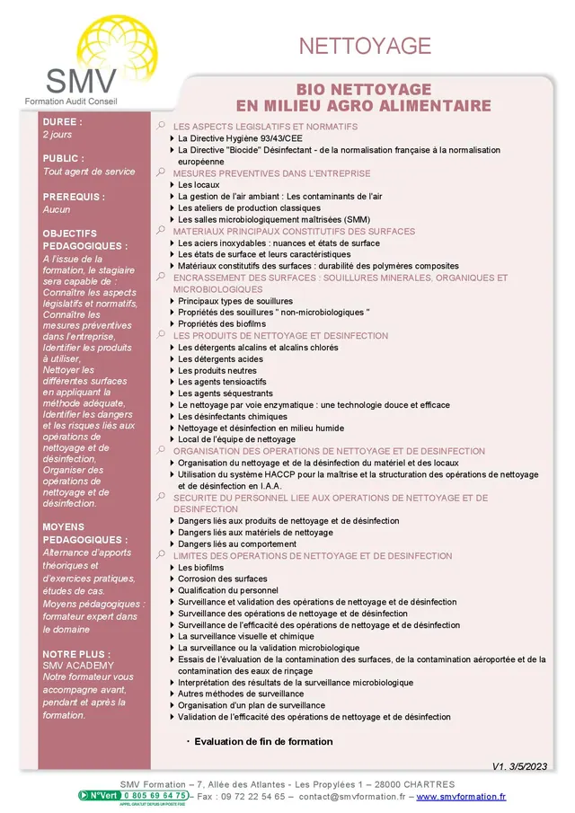 Fiche programme de la formation Bio nettoyage en milieu agro-alimentaire : durée, public, prérequis, objectifs pédagogiques et contenu