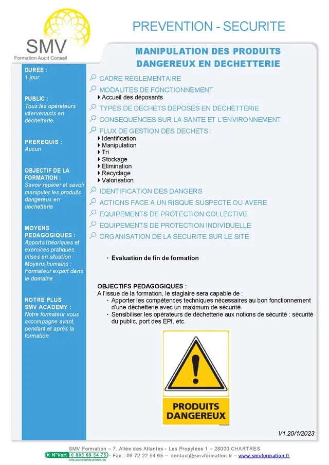 Fiche programme de la formation Manipulation des Produits Dangereux En Déchetterie : durée, public, prérequis, objectifs pédagogiques et contenu