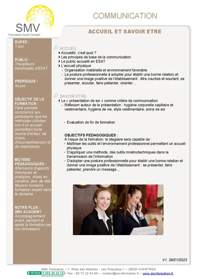 Fiche programme de la formation Accueil et Savoir Etre : durée, public, prérequis, objectifs pédagogiques et contenu