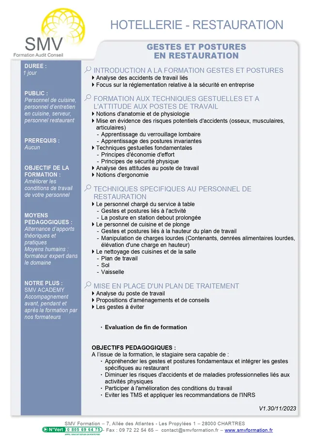 Fiche programme de la formation Gestes et Postures en Restauration : durée, public, prérequis, objectifs pédagogiques et contenu