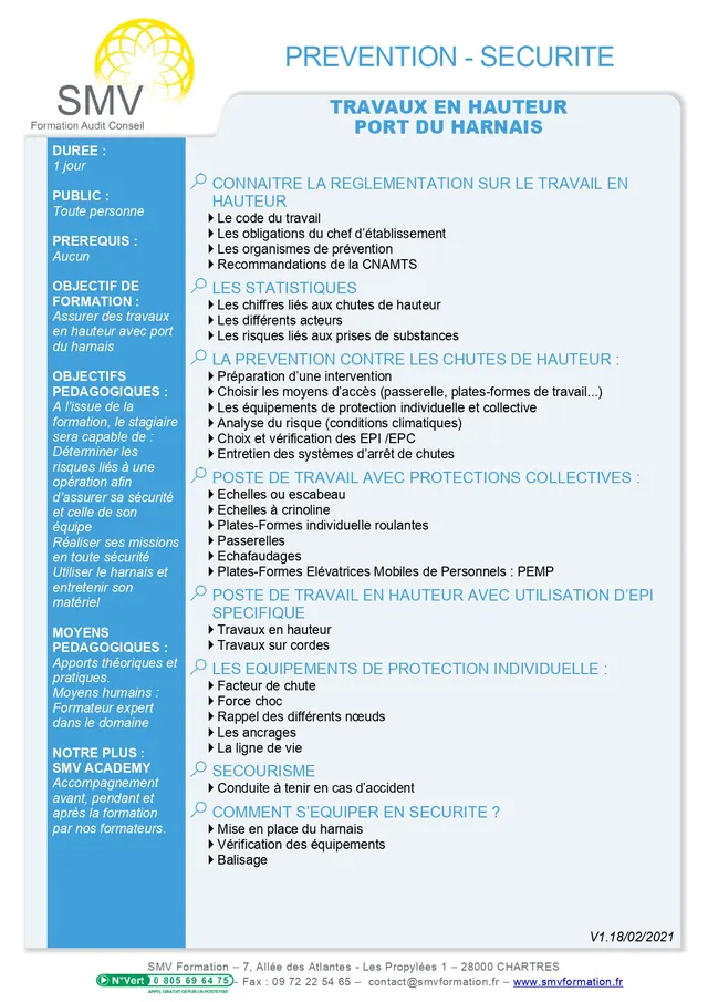 Fiche programme de la formation Travaux en Hauteur Port du Harnais : durée, public, prérequis, objectifs pédagogiques et contenu