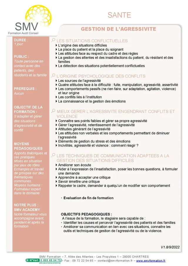 Fiche programme de la formation Gestion de l’Agressivité 1 jour : durée, public, prérequis, objectifs pédagogiques et contenu