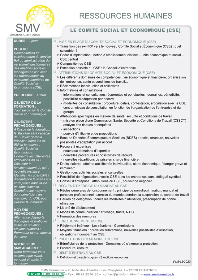 Fiche programme de la formation Le Comité Social et Economique CSE : durée, public, prérequis, objectifs pédagogiques et contenu