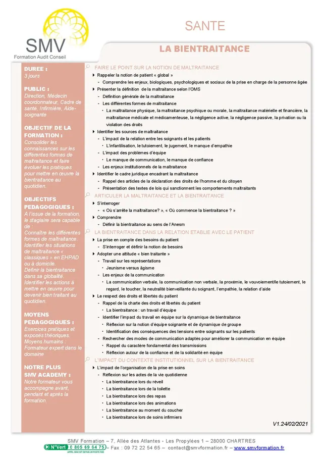 Fiche programme de la formation La Bientraitance : durée, public, prérequis, objectifs pédagogiques et contenu