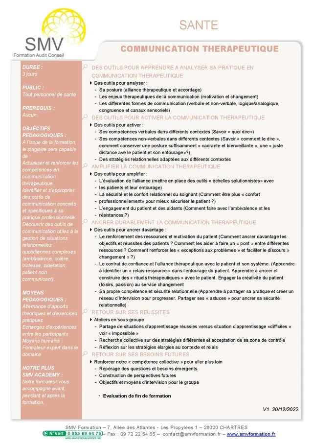 Fiche programme de la formation Communication Thérapeutique 3 jours : durée, public, prérequis, objectifs pédagogiques et contenu