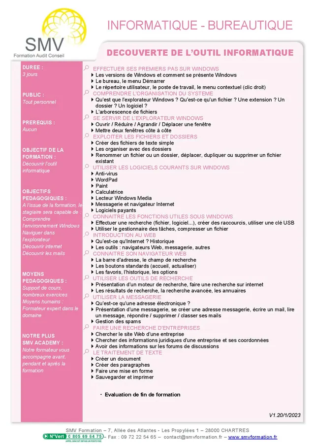 Fiche programme de la formation Découverte de l’Outil Informatique 3 jours : durée, public, prérequis, objectifs pédagogiques et contenu
