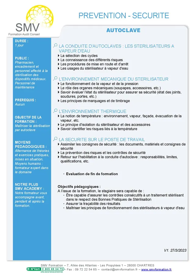 Fiche programme de la formation Autoclave : durée, public, prérequis, objectifs pédagogiques et contenu