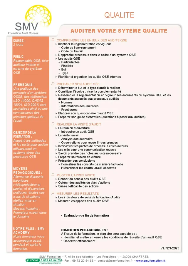 Fiche programme de la formation Auditer Votre Système Qualité : durée, public, prérequis, objectifs pédagogiques et contenu