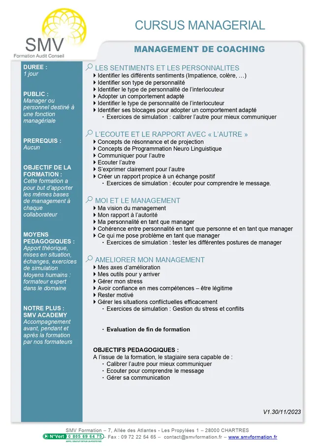 Fiche programme de la formation Management de Coaching : durée, public, prérequis, objectifs pédagogiques et contenu