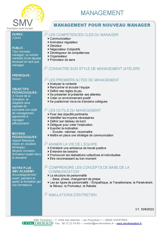 Fiche programme de la formation Management pour nouveau manager : durée, public, prérequis, objectifs pédagogiques et contenu