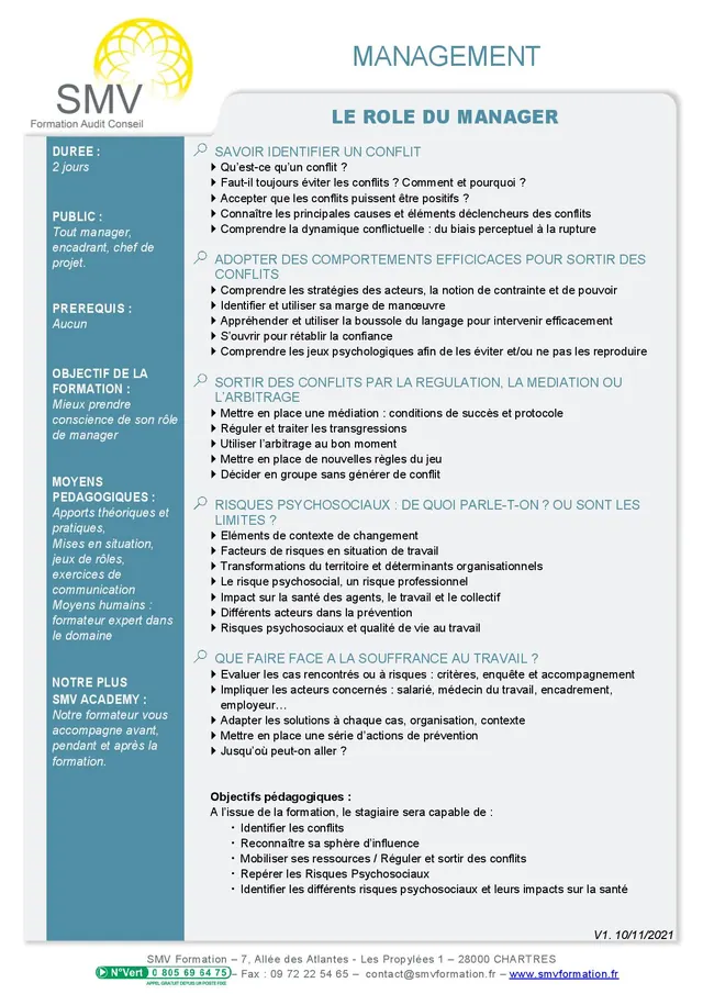 Fiche programme de la formation Le Rôle du Manager : durée, public, prérequis, objectifs pédagogiques et contenu