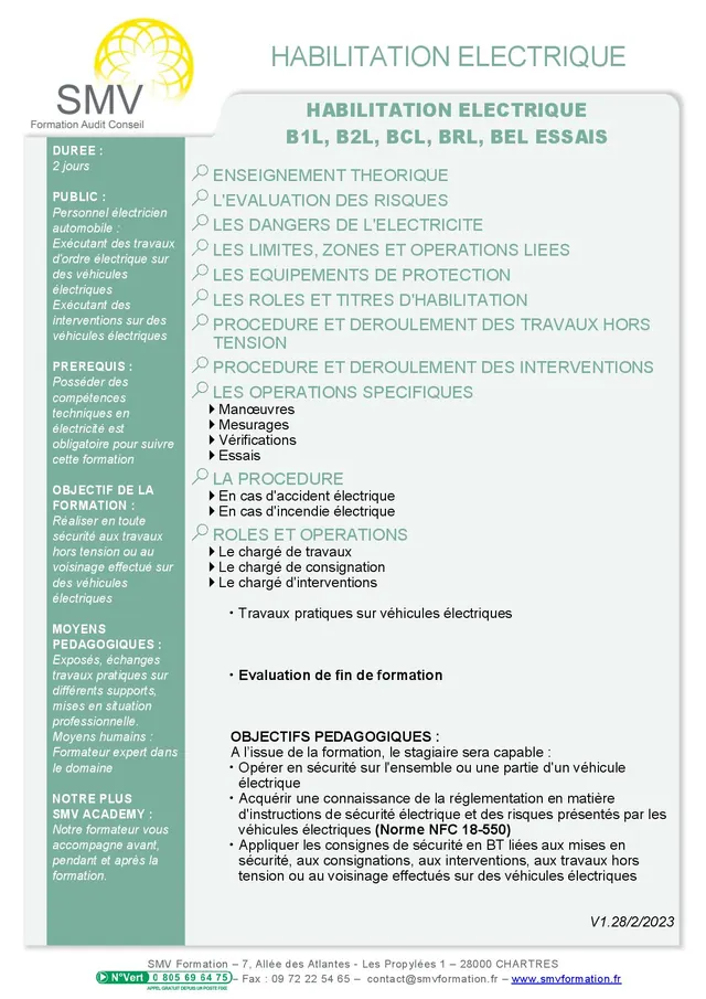 Fiche programme de la formation HABILITATION ELECTRIQUE B1L B2L BCL BRL BEL Essais : durée, public, prérequis, objectifs pédagogiques et contenu