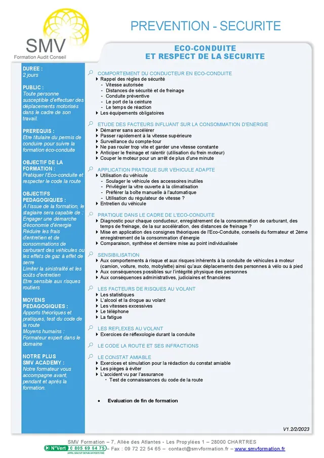 Fiche programme de la formation Eco Conduite et Respect de la Sécurité 2 jours : durée, public, prérequis, objectifs pédagogiques et contenu