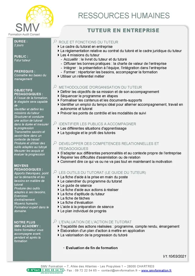 Fiche programme de la formation Tuteur en Entreprise 2 jours : durée, public, prérequis, objectifs pédagogiques et contenu