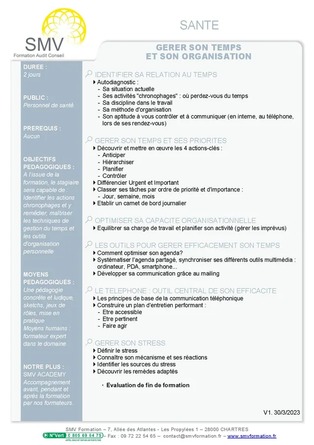 Fiche programme de la formation Gérer son temps et son organisation : durée, public, prérequis, objectifs pédagogiques et contenu