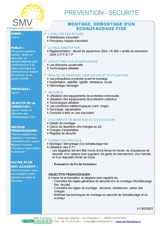 Fiche programme de la formation Montage Démontage d’Un Echafaudage Fixe : durée, public, prérequis, objectifs pédagogiques et contenu