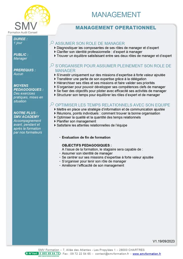 Fiche programme de la formation Le Management Opérationnel : durée, public, prérequis, objectifs pédagogiques et contenu