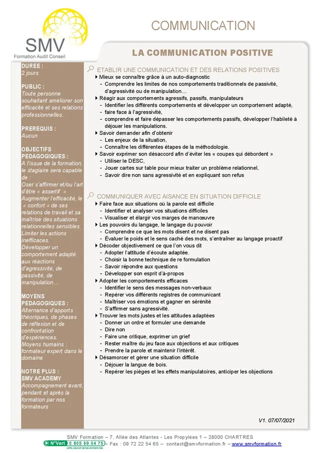 Fiche programme de la formation La communication positive 2 jours : durée, public, prérequis, objectifs pédagogiques et contenu