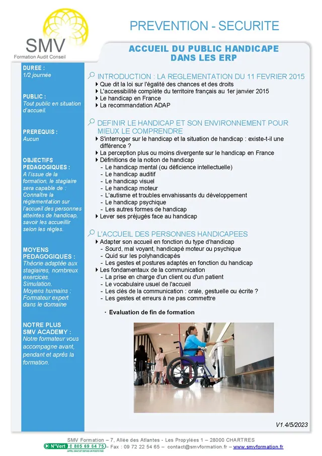 Fiche programme de la formation Accueil du Public Handicapé dans les ERP : durée, public, prérequis, objectifs pédagogiques et contenu