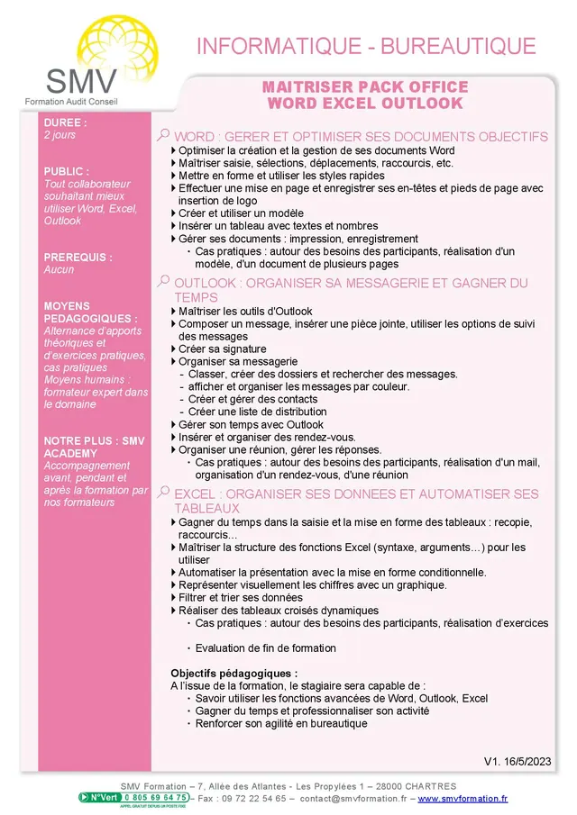 Fiche programme de la formation Maitriser Pack Office Word Excel Outlook : durée, public, prérequis, objectifs pédagogiques et contenu