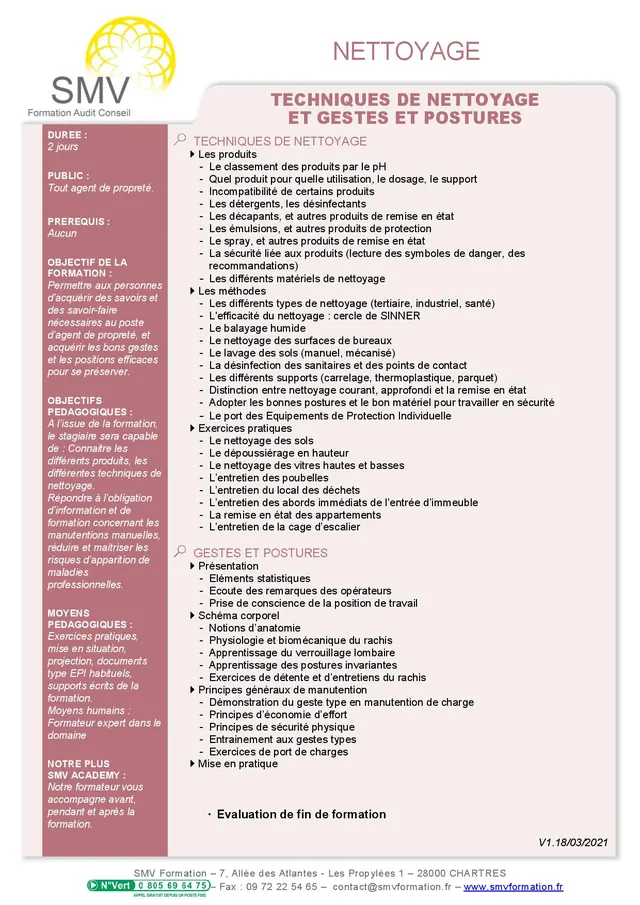 Fiche programme de la formation Techniques de nettoyage et Gestes et postures : durée, public, prérequis, objectifs pédagogiques et contenu