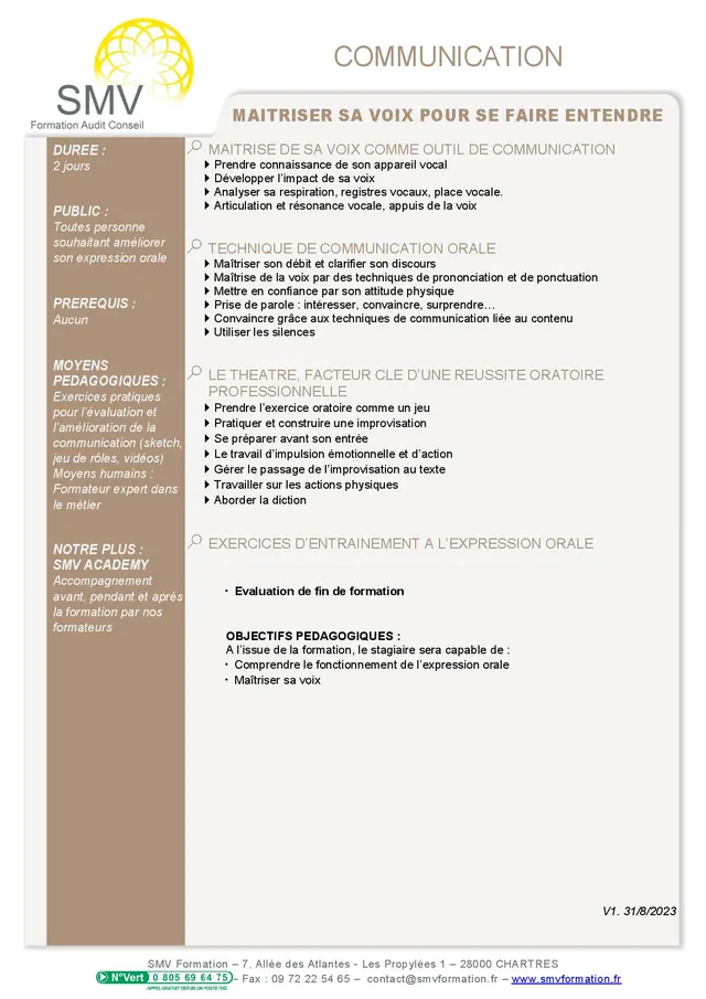 Fiche programme de la formation Maitriser sa voix pour se faire entendre : durée, public, prérequis, objectifs pédagogiques et contenu