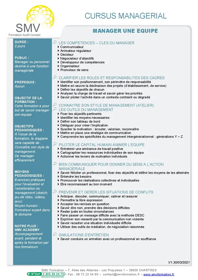 Fiche programme de la formation Manager une Equipe : durée, public, prérequis, objectifs pédagogiques et contenu
