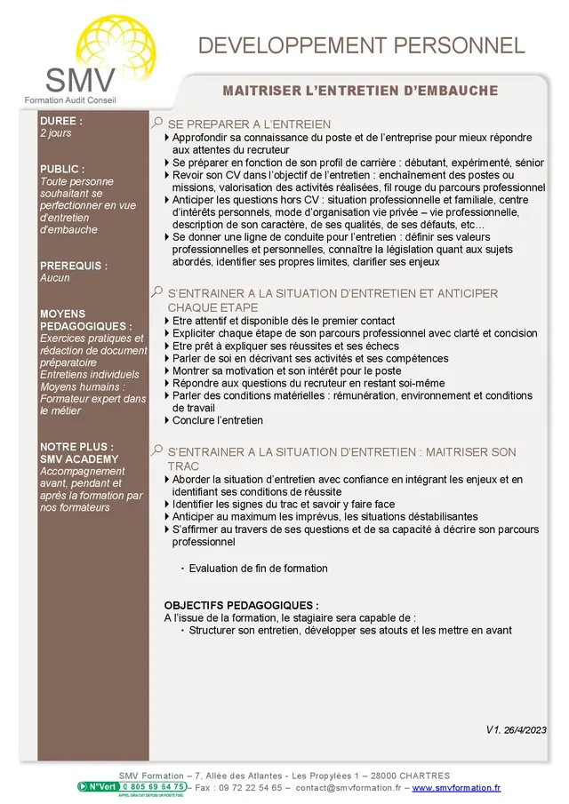 Fiche programme de la formation Maitriser l’entretien d’embauche : durée, public, prérequis, objectifs pédagogiques et contenu