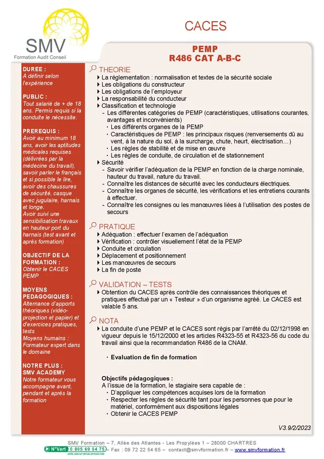Fiche programme de la formation CACES Pemp R486 : durée, public, prérequis, objectifs pédagogiques et contenu