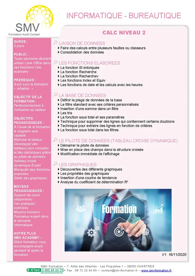 Fiche programme de la formation Calc Niveau 2 : durée, public, prérequis, objectifs pédagogiques et contenu