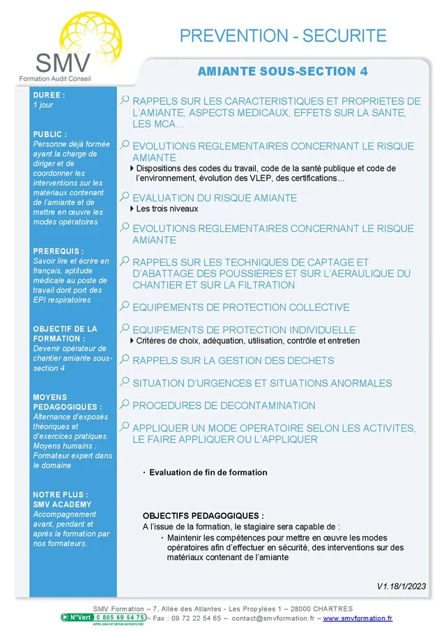 Fiche programme de la formation Amiante sous section 4 – Opérateur : durée, public, prérequis, objectifs pédagogiques et contenu