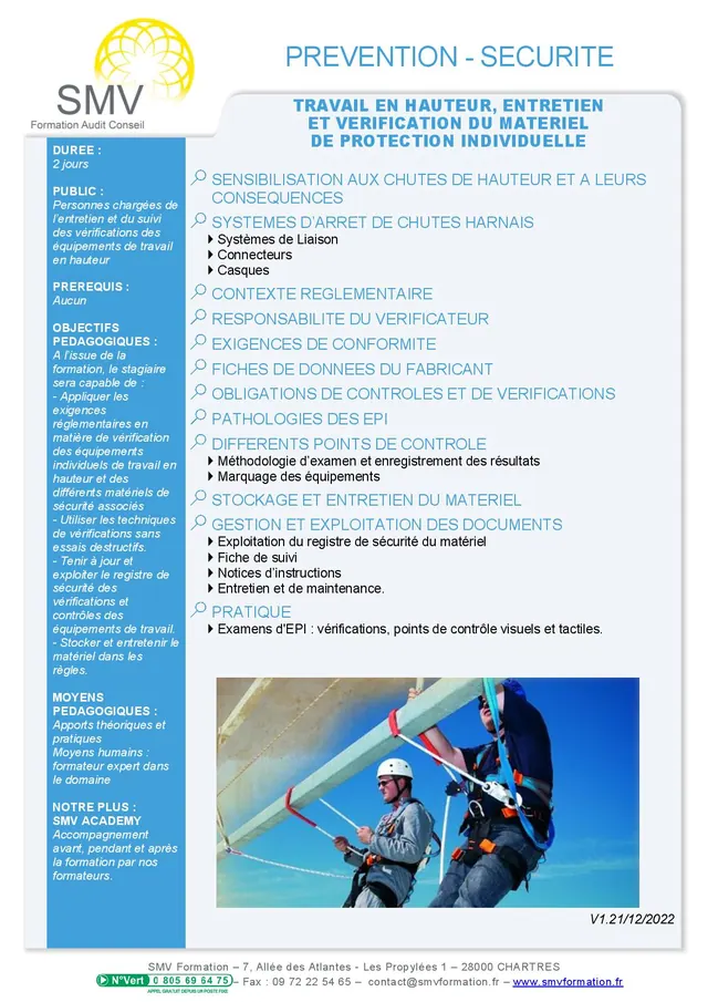 Fiche programme de la formation Travail en Hauteur, Entretien et Vérification du Matériel de Protection Individuelle : durée, public, prérequis, objectifs pédagogiques et contenu