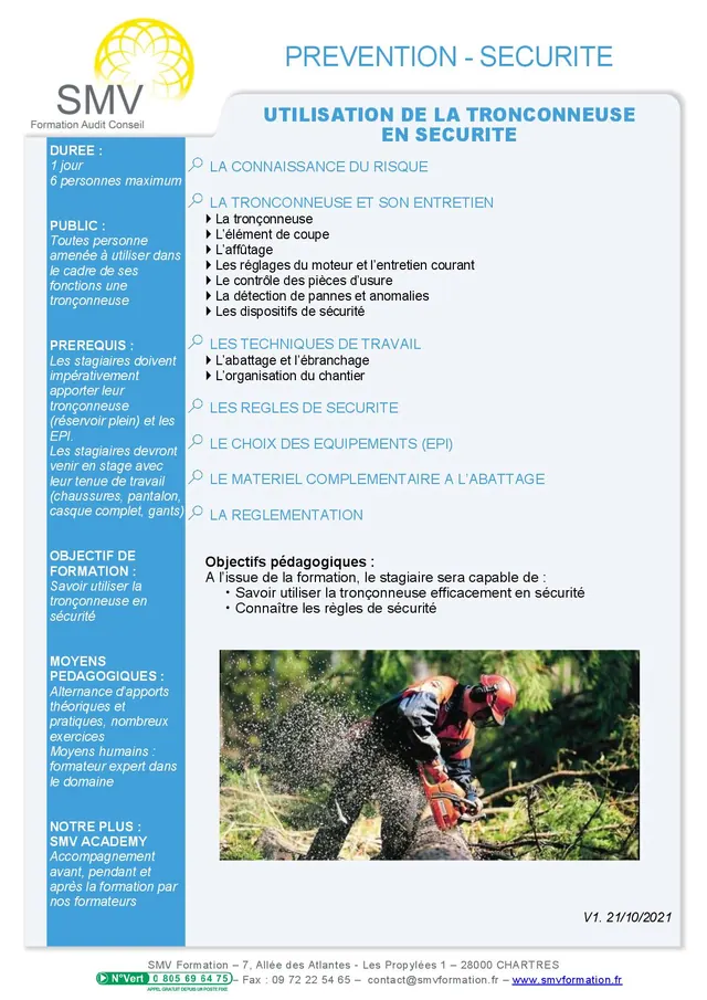 Fiche programme de la formation Utilisation de la tronçonneuse en sécurité 1 jour : durée, public, prérequis, objectifs pédagogiques et contenu