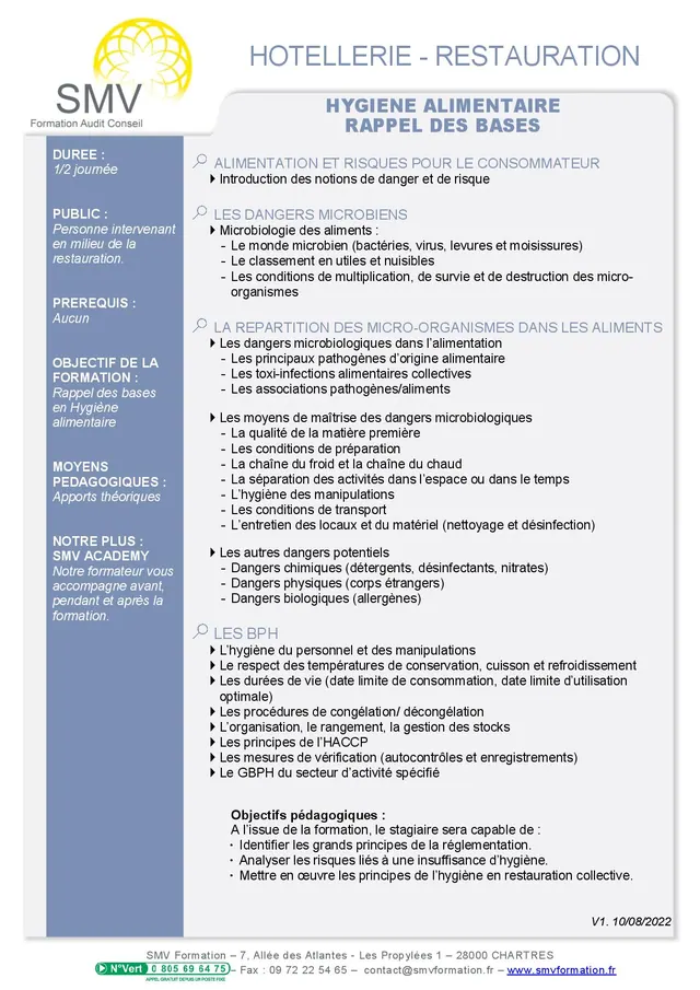 Fiche programme de la formation Hygiène Alimentaire Rappel des Bases demi journée : durée, public, prérequis, objectifs pédagogiques et contenu