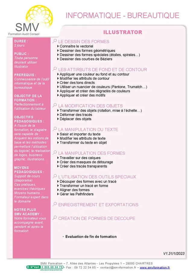 Fiche programme de la formation Illustrator : durée, public, prérequis, objectifs pédagogiques et contenu