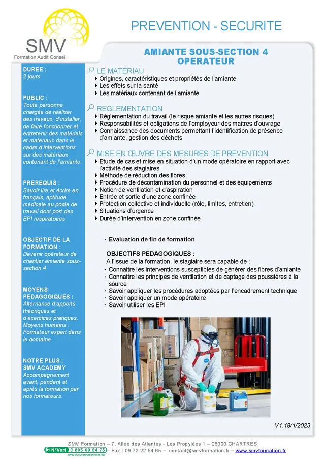 Fiche programme de la formation Amiante Sous section 4 Opérateur 2 jours : durée, public, prérequis, objectifs pédagogiques et contenu