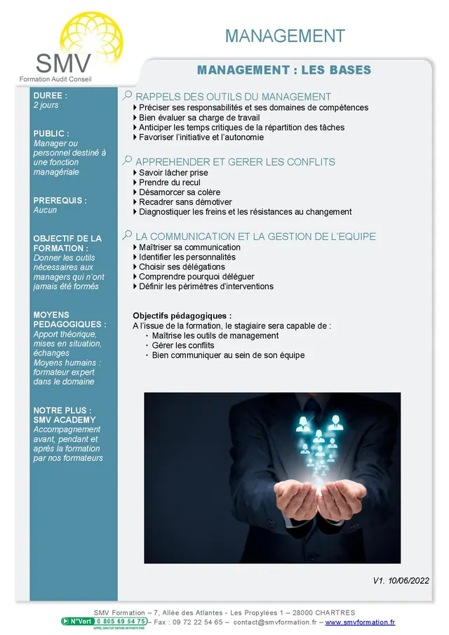 Fiche programme de la formation Management : Les Bases : durée, public, prérequis, objectifs pédagogiques et contenu