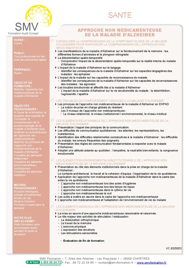 Fiche programme de la formation Approche Non Médicamenteuse de la Maladie d’Alzheimer : durée, public, prérequis, objectifs pédagogiques et contenu