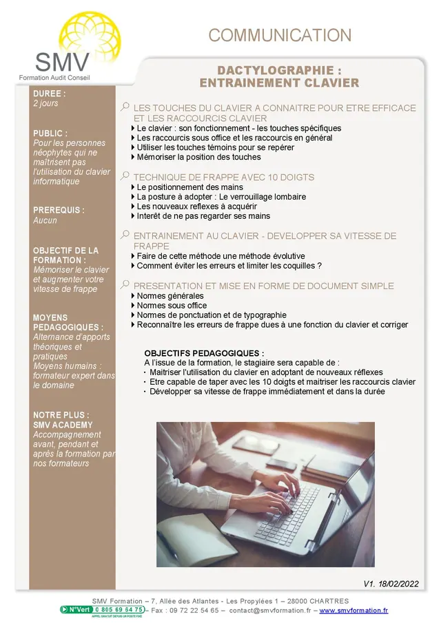 Fiche programme de la formation Dactylographie : Entrainement Clavier 2 jours : durée, public, prérequis, objectifs pédagogiques et contenu