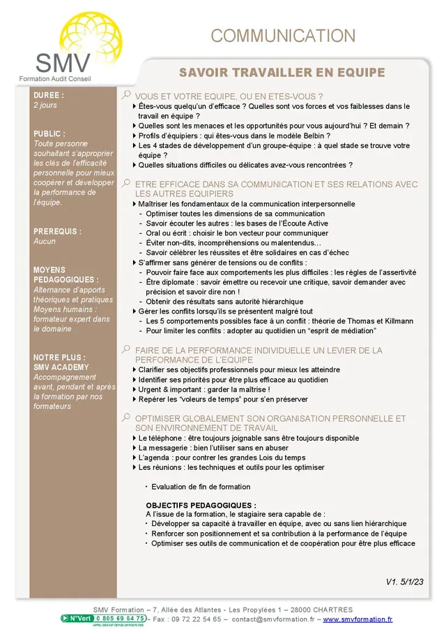 Fiche programme de la formation Savoir travailler en équipe : durée, public, prérequis, objectifs pédagogiques et contenu
